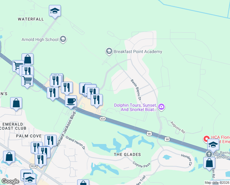 map of restaurants, bars, coffee shops, grocery stores, and more near 309 R Jackson Boulevard in Panama City Beach