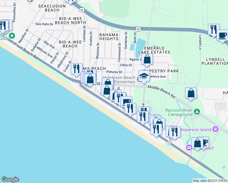 map of restaurants, bars, coffee shops, grocery stores, and more near 605 Evergreen Street in Panama City