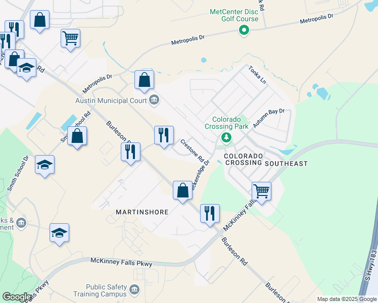 map of restaurants, bars, coffee shops, grocery stores, and more near 4200 Creede Drive in Austin