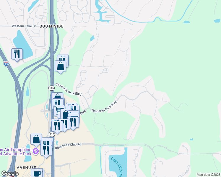 map of restaurants, bars, coffee shops, grocery stores, and more near 8964 Timberjack Lane in Jacksonville