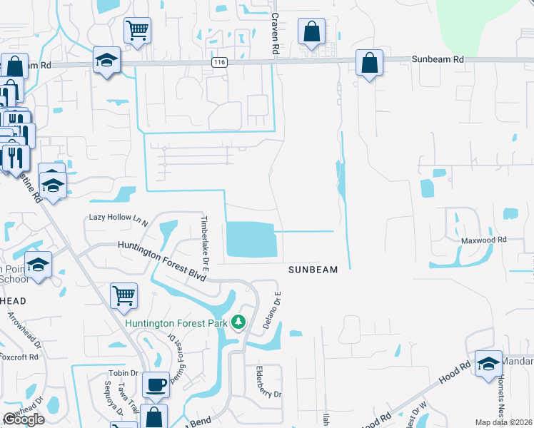 map of restaurants, bars, coffee shops, grocery stores, and more near 9823 Timber Lake Drive East in Jacksonville
