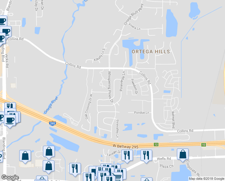 map of restaurants, bars, coffee shops, grocery stores, and more near 5521 Oak Crossing Drive in Jacksonville