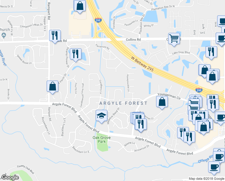 map of restaurants, bars, coffee shops, grocery stores, and more near 8243 Pepperwood Drive in Jacksonville
