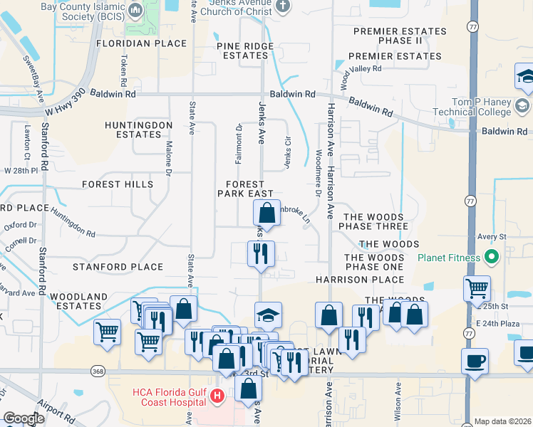 map of restaurants, bars, coffee shops, grocery stores, and more near 2717 Pembroke Dr in Panama City