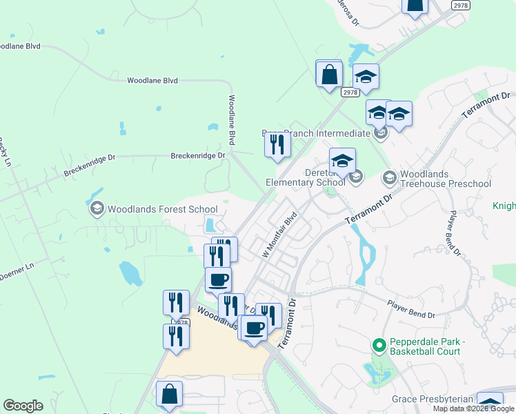 map of restaurants, bars, coffee shops, grocery stores, and more near 70 Panterra Way in Spring