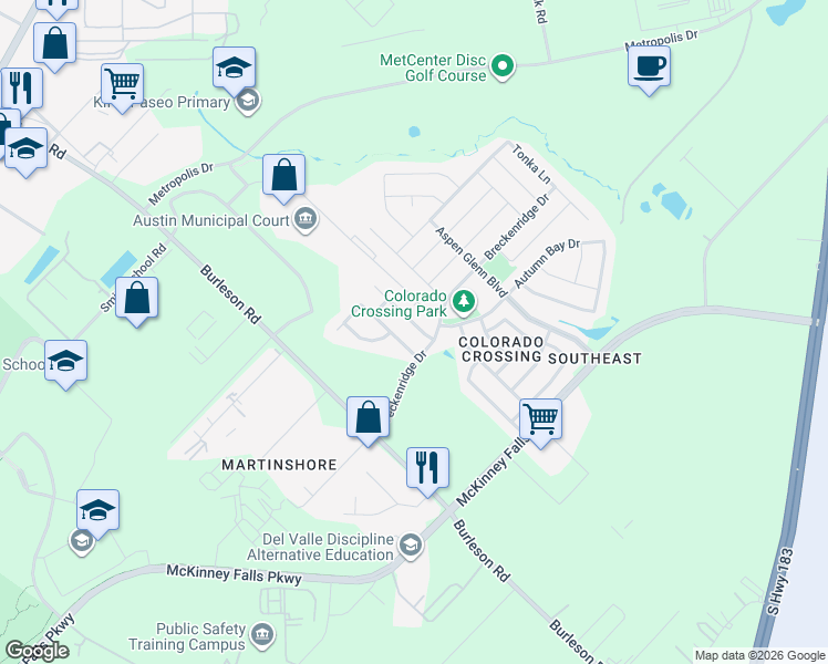 map of restaurants, bars, coffee shops, grocery stores, and more near 7221 Outfitter Drive in Austin