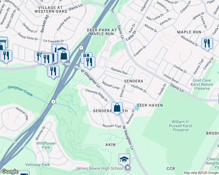 map of restaurants, bars, coffee shops, grocery stores, and more near 4609 Walsall Loop in Austin