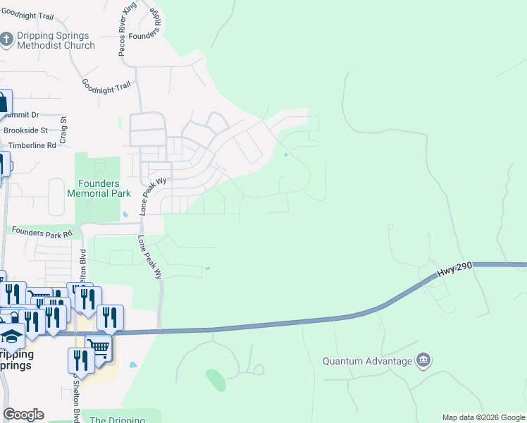map of restaurants, bars, coffee shops, grocery stores, and more near Cannon Ranch Road in Dripping Springs