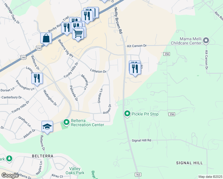 map of restaurants, bars, coffee shops, grocery stores, and more near 510 Aspen Drive in Austin