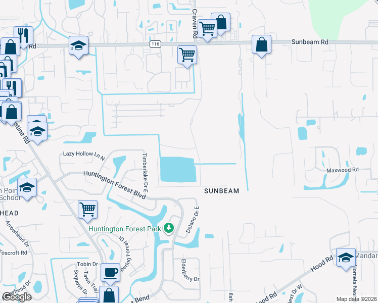 map of restaurants, bars, coffee shops, grocery stores, and more near 9823 Timber Lake Drive East in Jacksonville