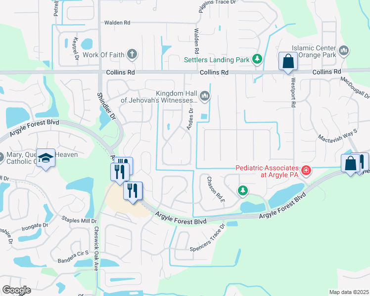 map of restaurants, bars, coffee shops, grocery stores, and more near 7828 Collins Ridge Boulevard South in Jacksonville