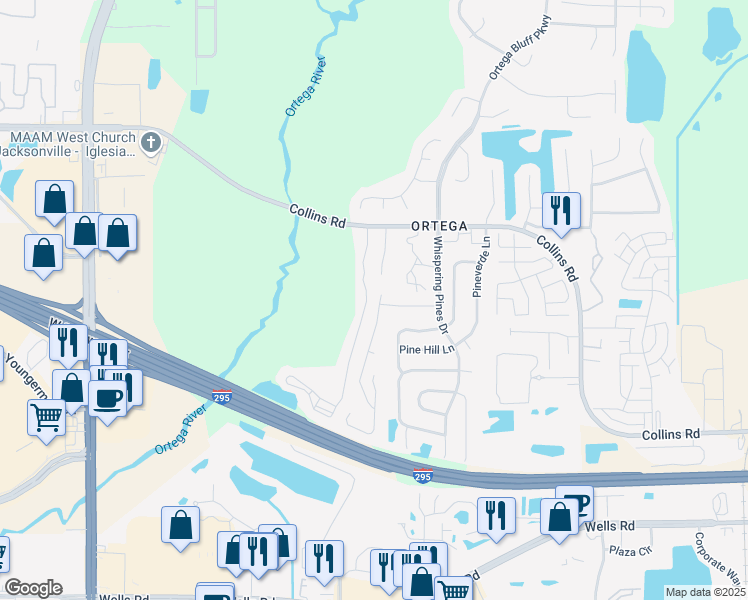 map of restaurants, bars, coffee shops, grocery stores, and more near 8244 Oak Crossing Drive West in Jacksonville