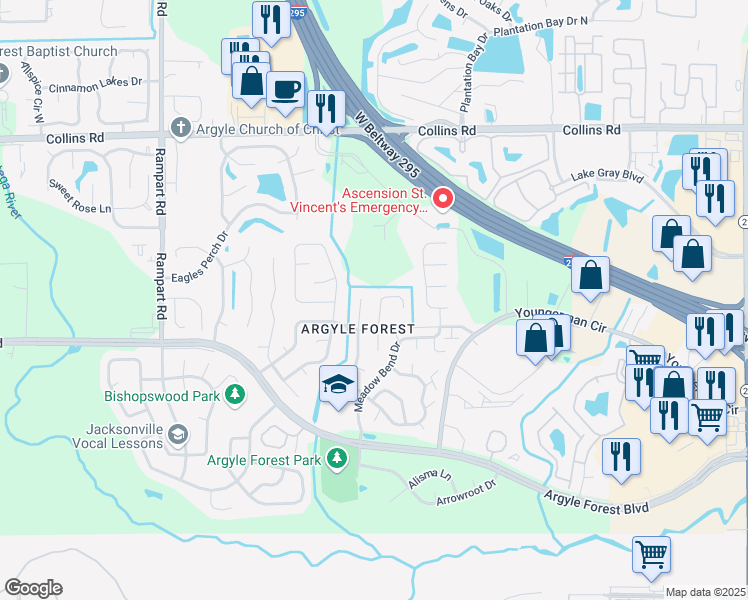 map of restaurants, bars, coffee shops, grocery stores, and more near 8243 Pepperwood Drive in Jacksonville
