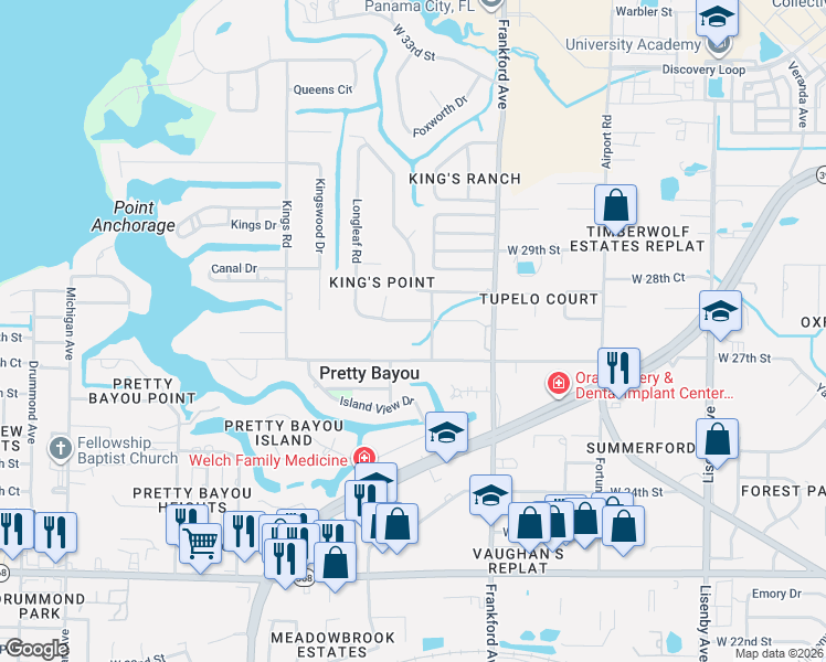 map of restaurants, bars, coffee shops, grocery stores, and more near 2803 Longleaf Road in Panama City
