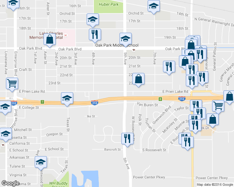map of restaurants, bars, coffee shops, grocery stores, and more near 2116 E Prien Lake Rd in Lake Charles