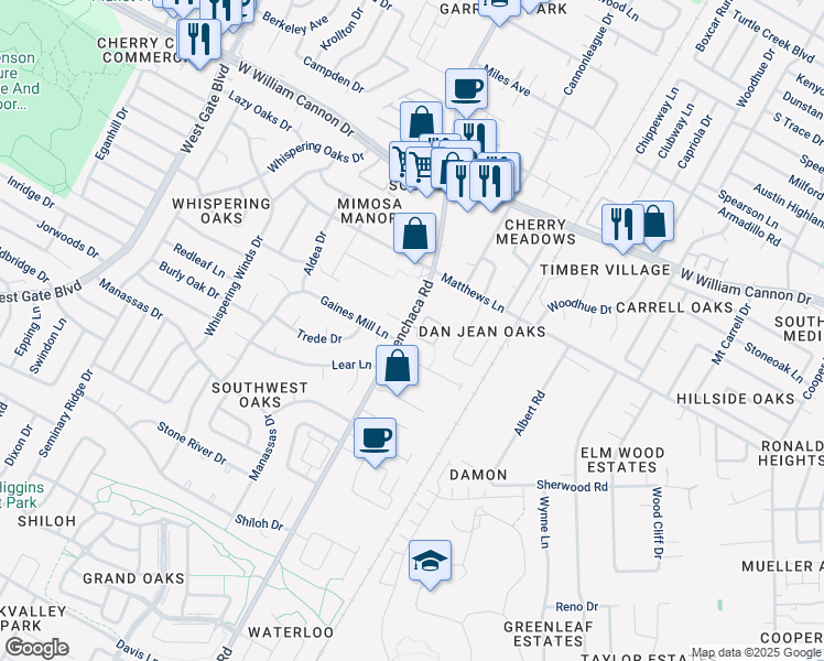 map of restaurants, bars, coffee shops, grocery stores, and more near 7233 Manchaca Road in Austin