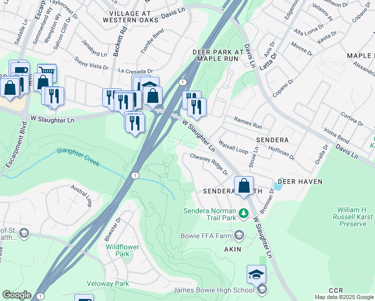 map of restaurants, bars, coffee shops, grocery stores, and more near 4832 Chesney Ridge Drive in Austin