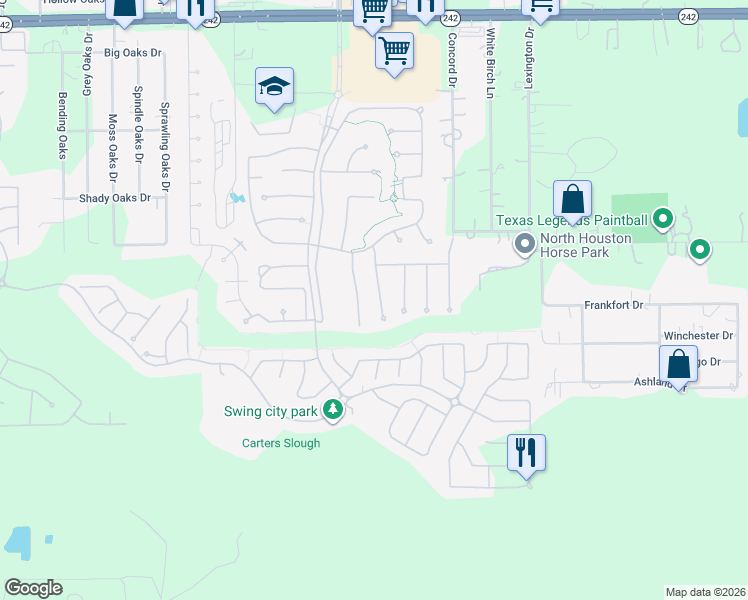 map of restaurants, bars, coffee shops, grocery stores, and more near 1042 Bat Hawk Court in Conroe