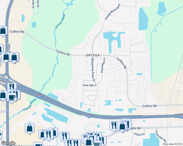 map of restaurants, bars, coffee shops, grocery stores, and more near 5521 Oak Crossing Drive in Jacksonville