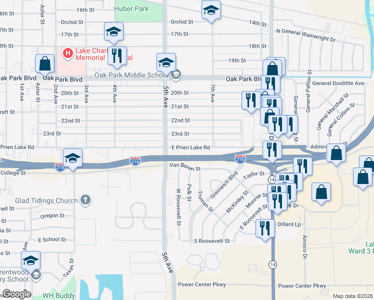 map of restaurants, bars, coffee shops, grocery stores, and more near 2220 East Prien Lake Road in Lake Charles