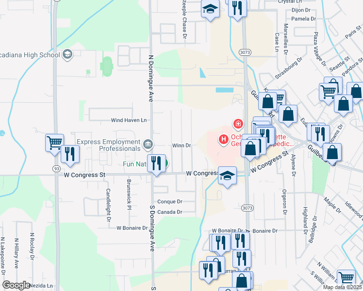 map of restaurants, bars, coffee shops, grocery stores, and more near Winn Drive in Lafayette