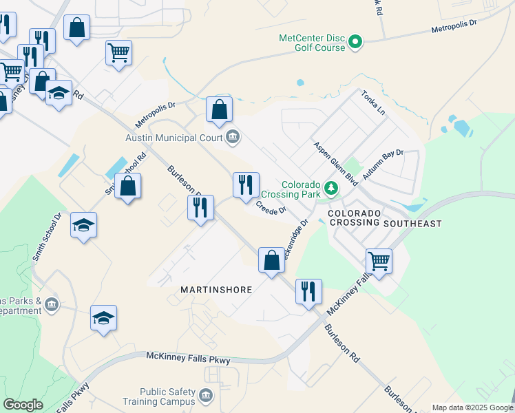 map of restaurants, bars, coffee shops, grocery stores, and more near 6817 Crestone Road in Austin