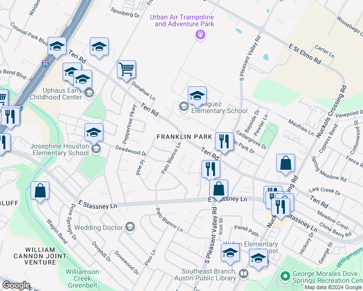 map of restaurants, bars, coffee shops, grocery stores, and more near 5105 Palo Blanco Lane in Austin