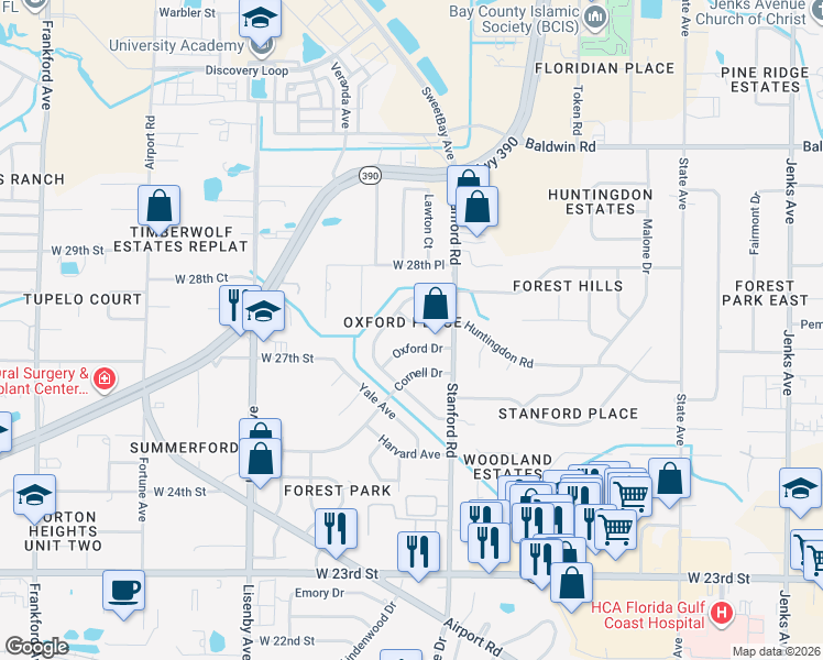 map of restaurants, bars, coffee shops, grocery stores, and more near 1021 Huntingdon Road in Panama City