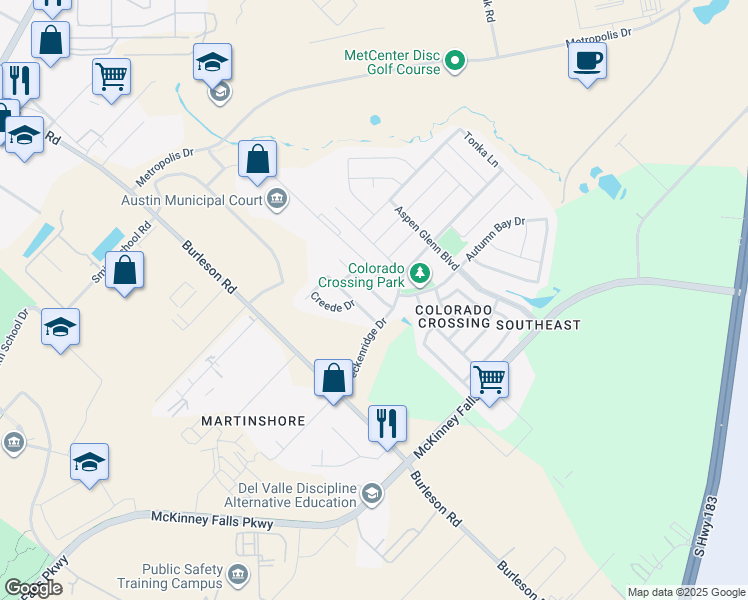 map of restaurants, bars, coffee shops, grocery stores, and more near 7221 Outfitter Drive in Austin