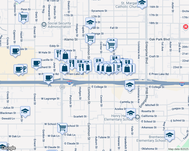 map of restaurants, bars, coffee shops, grocery stores, and more near 608 E Prien Lake Rd in Lake Charles