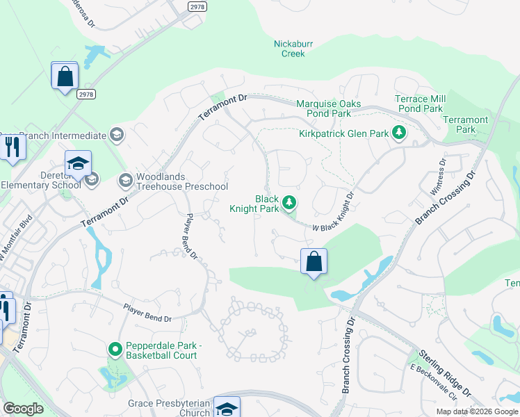 map of restaurants, bars, coffee shops, grocery stores, and more near 3 Player Grove Court in The Woodlands