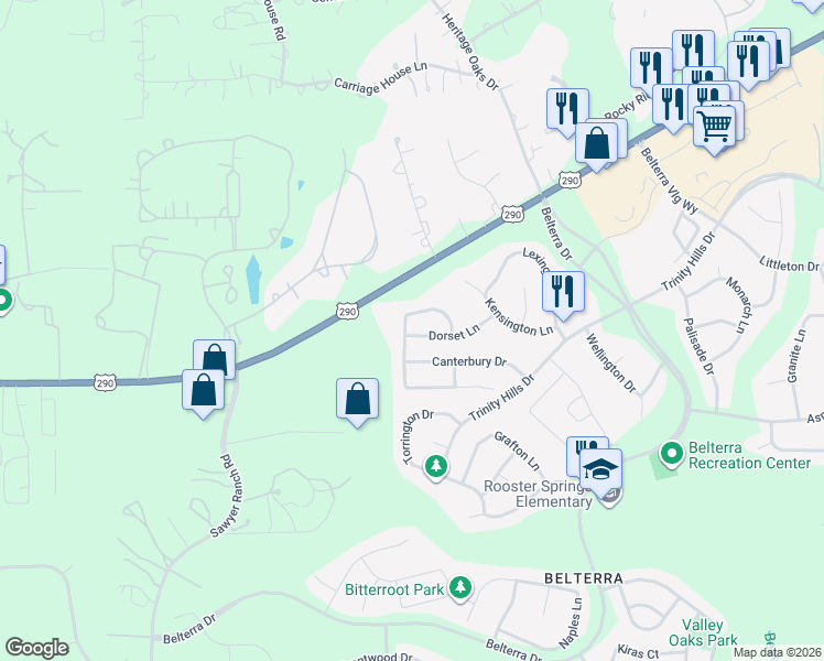 map of restaurants, bars, coffee shops, grocery stores, and more near 281 Manchester Lane in Austin
