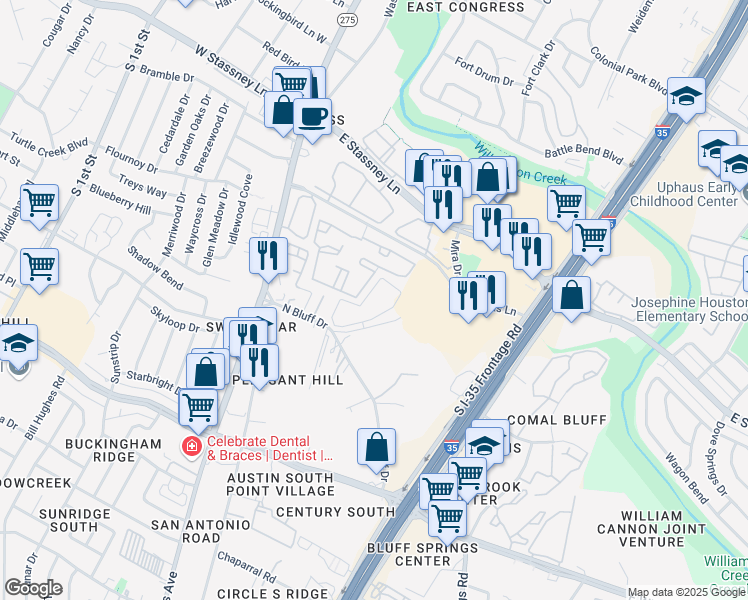 map of restaurants, bars, coffee shops, grocery stores, and more near 6216 Crow Lane in Austin