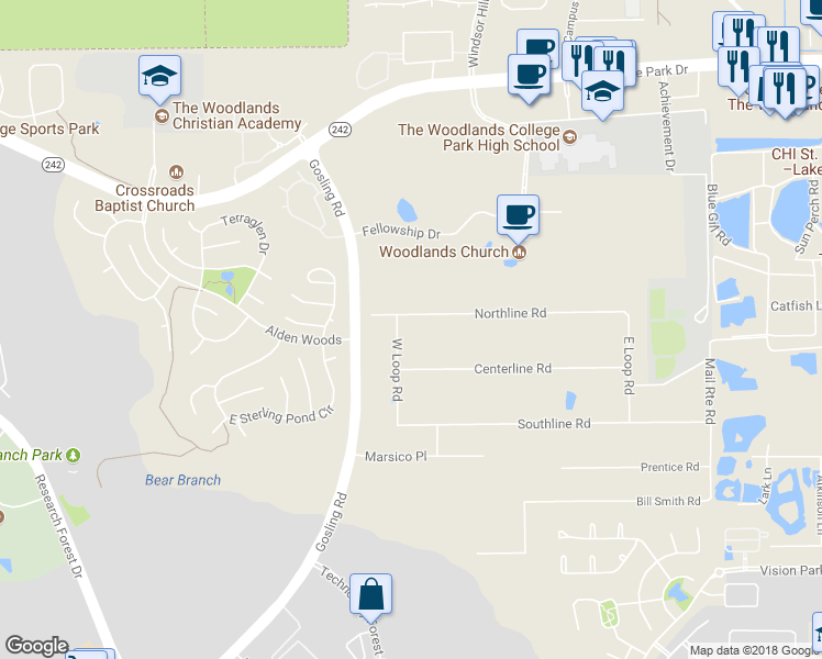 map of restaurants, bars, coffee shops, grocery stores, and more near 2535 Northline Road in Conroe