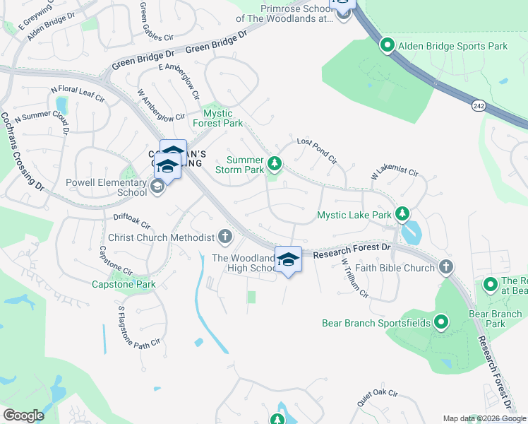 map of restaurants, bars, coffee shops, grocery stores, and more near 26 West Rumplecreek Place in Spring