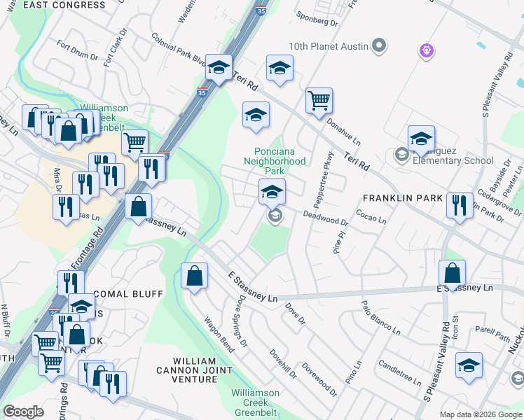 map of restaurants, bars, coffee shops, grocery stores, and more near 5502 Ponciana Drive in Austin