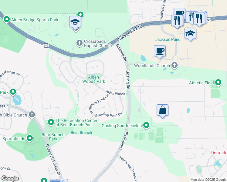 map of restaurants, bars, coffee shops, grocery stores, and more near 23 Bayou Springs Court in Spring