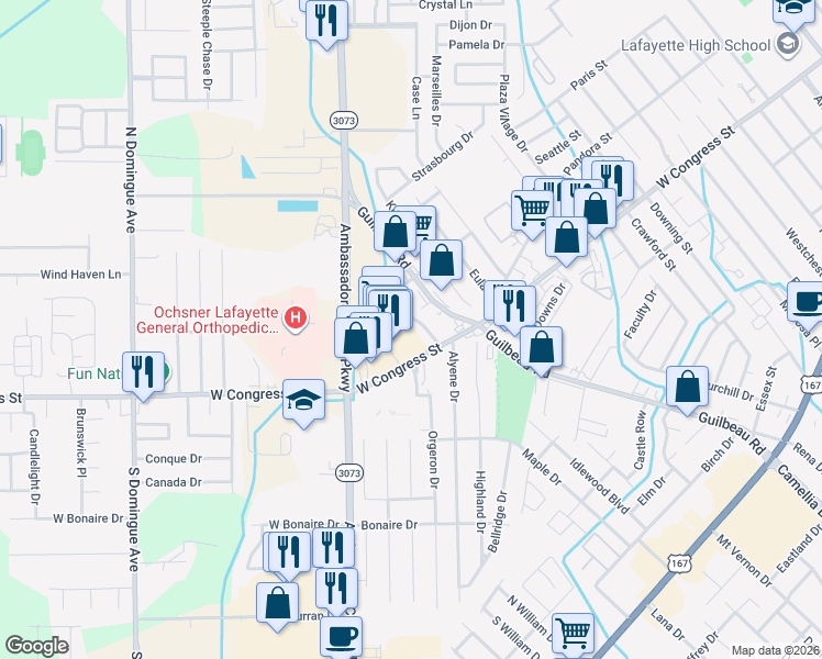 map of restaurants, bars, coffee shops, grocery stores, and more near 101 Independence Boulevard in Lafayette