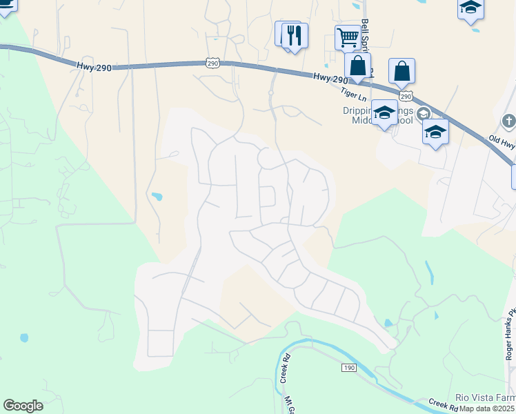 map of restaurants, bars, coffee shops, grocery stores, and more near 240 Red Granite Drive in Dripping Springs