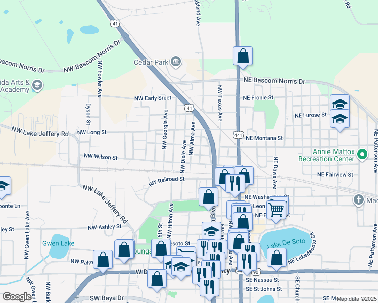 map of restaurants, bars, coffee shops, grocery stores, and more near 317 Northwest Indiana Lane in Lake City