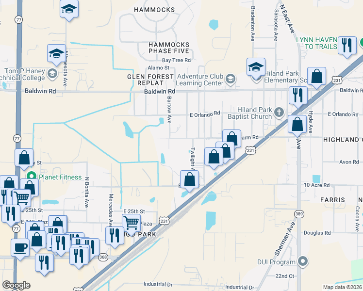 map of restaurants, bars, coffee shops, grocery stores, and more near 2206 Game Farm Road in Panama City