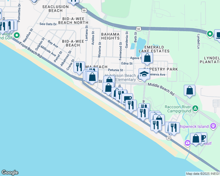 map of restaurants, bars, coffee shops, grocery stores, and more near 13216 Hibiscus Street in Panama City Beach