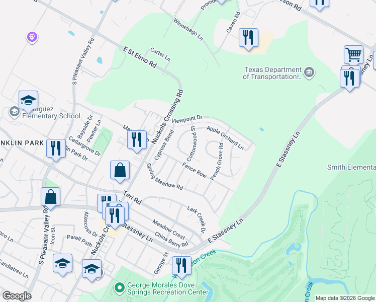 map of restaurants, bars, coffee shops, grocery stores, and more near 5408 South Hearsey Drive in Austin