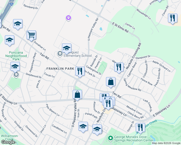 map of restaurants, bars, coffee shops, grocery stores, and more near 4618 Franklin Park Drive in Austin