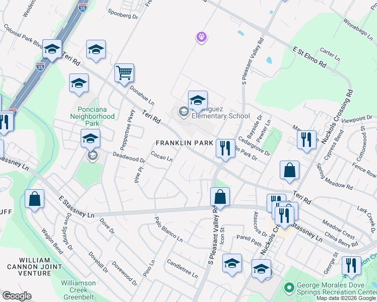 map of restaurants, bars, coffee shops, grocery stores, and more near 5105 Palo Blanco Lane in Austin