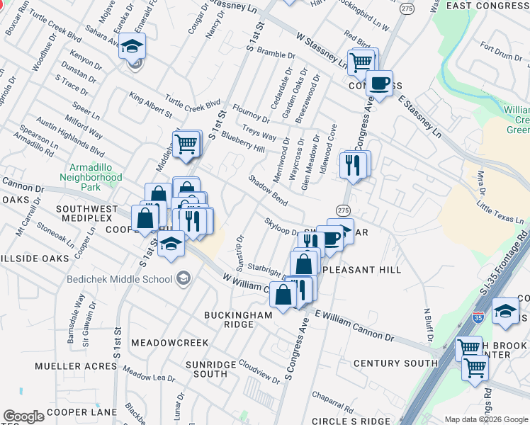 map of restaurants, bars, coffee shops, grocery stores, and more near 309 Skyloop Drive in Austin