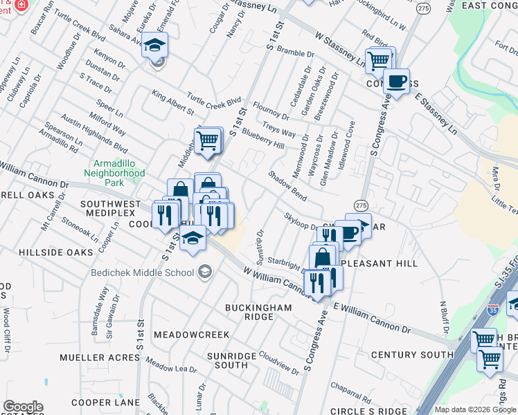 map of restaurants, bars, coffee shops, grocery stores, and more near 6501 Bradsher Drive in Austin