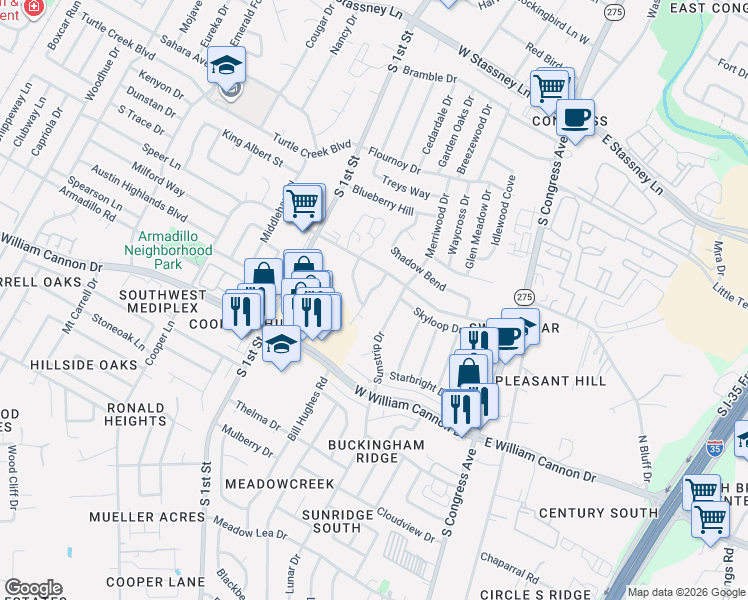 map of restaurants, bars, coffee shops, grocery stores, and more near 6501 Bradsher Drive in Austin
