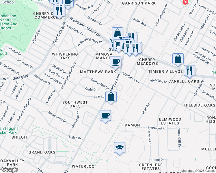 map of restaurants, bars, coffee shops, grocery stores, and more near 7300 Gaines Mill Lane in Austin