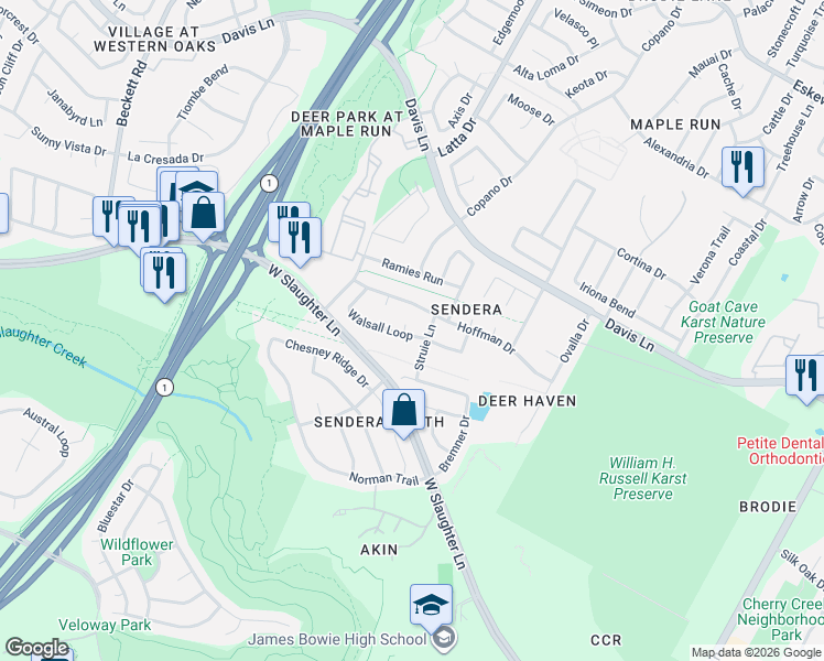 map of restaurants, bars, coffee shops, grocery stores, and more near 4609 Walsall Loop in Austin